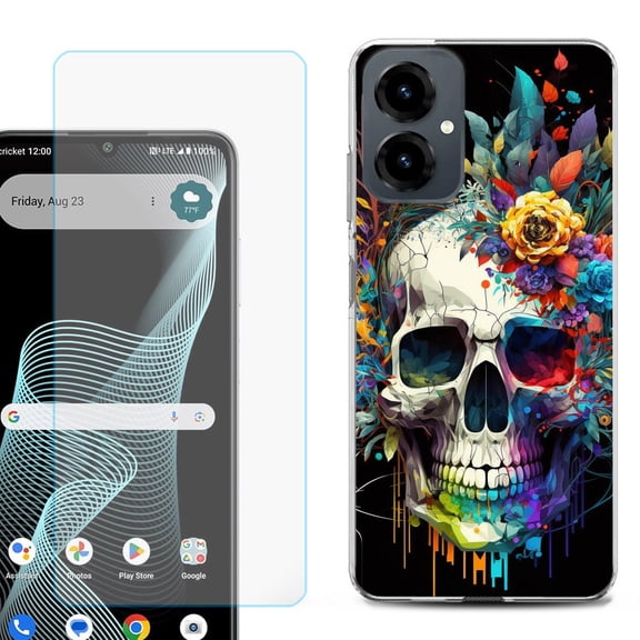Shockproof Phone Case for Cricket Icon 2026, with Screen Protector, by OneToughShield - Skull Flower