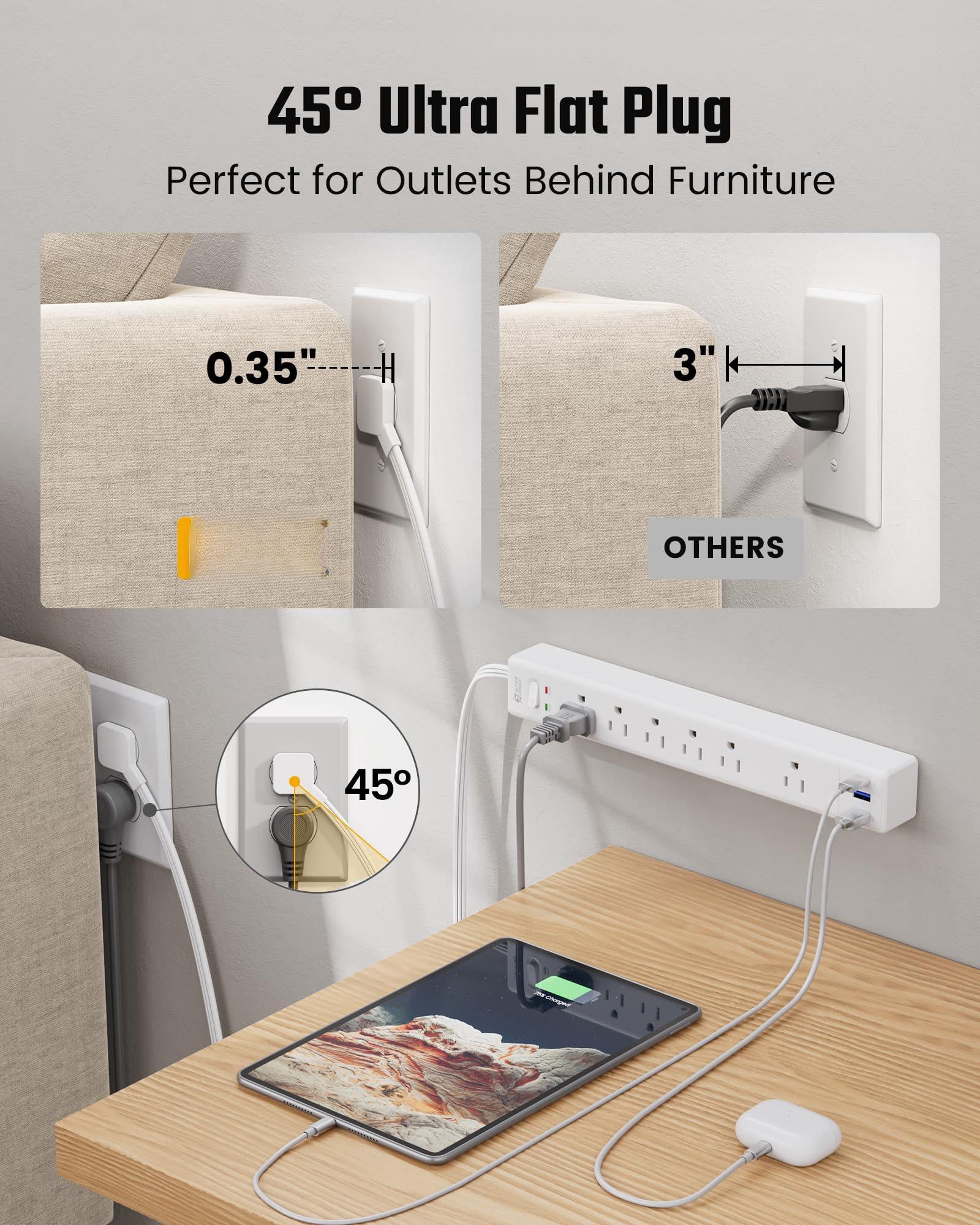 15ft Long Extension Cord  Surge Protector Power Strip With 6 Outlets & 3 Usb Ports Flat Plug Wall Mountable Desk Charging Station For Home Office College Dorm Room