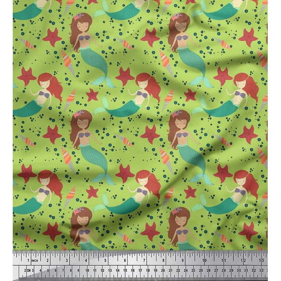 Soimoi Green Heavy Satin Fabric Mermaid & Starfish Ocean Print Fabric by the Yard 54 Inch Wide