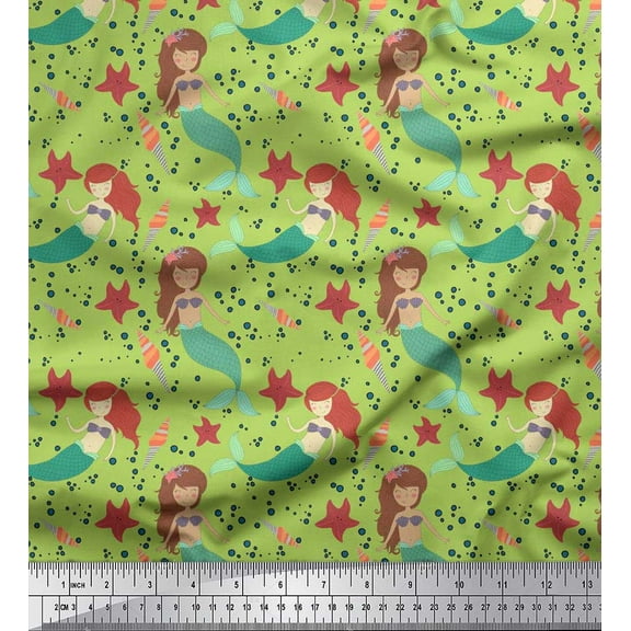 Soimoi Cotton Duck Fabric Mermaid & Starfish Ocean Printed Fabric 1 Yard 42 Inch Wide