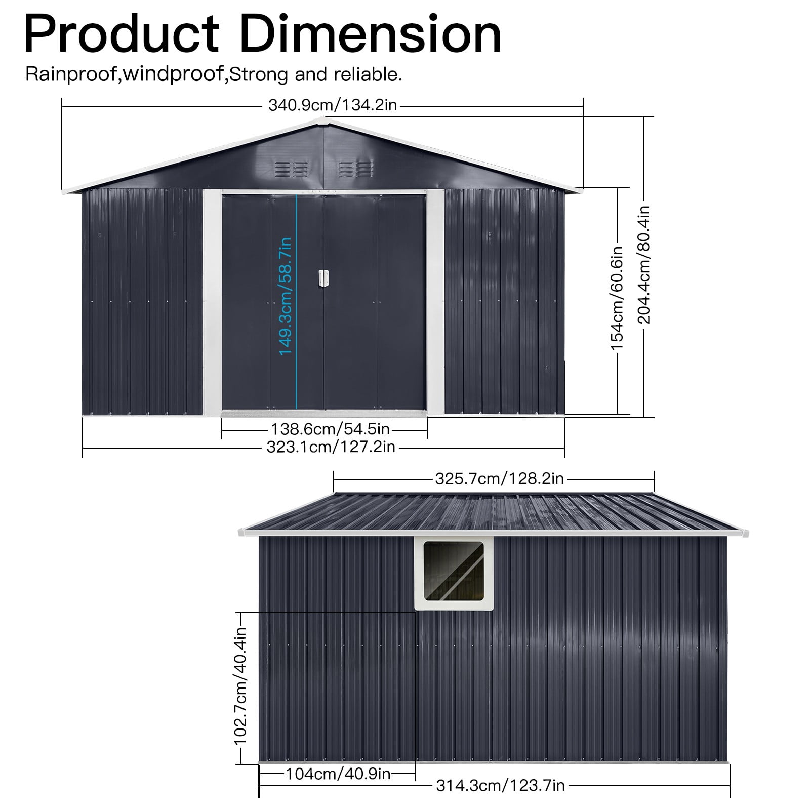 Alvantor Outdoor Storage Shed Metal with Window for Garden,11.2x10.6 FT,Grey