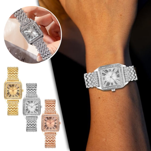 CXYYY Square Watch For Women Stainless Steel Inlay Cubic Zirconia Watch Strap Fashion Roman Text Dial Easy To Read Quartz Watch For Women