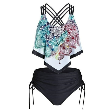 Summer Savings Clearance! Edvintorg Swimsuits For Women Two Piece Bathing Suits Vintage Boho Print Ruffled Flounce Crisscross Tankini Top With Side Tie High Waisted Bottom Bikini Set