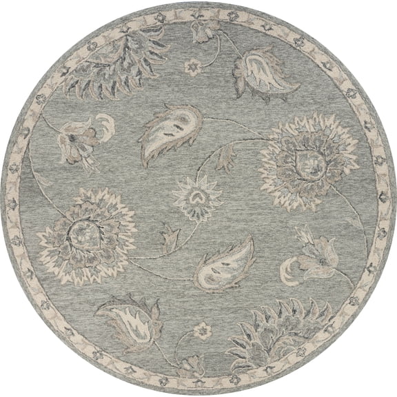 LR Home Wade 7'3" Round Gray/Blue Floral Wool Indoor Area Rug