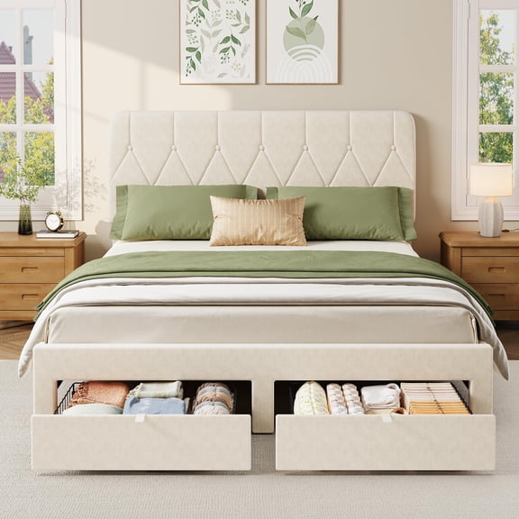 Velvet Upholstered Platform Bed Frame with Headboard & 2 Storage Drawers – Full Size – Sturdy Wooden Slats – No Box Spring Needed – Easy Assembly – Color: White, Size: F