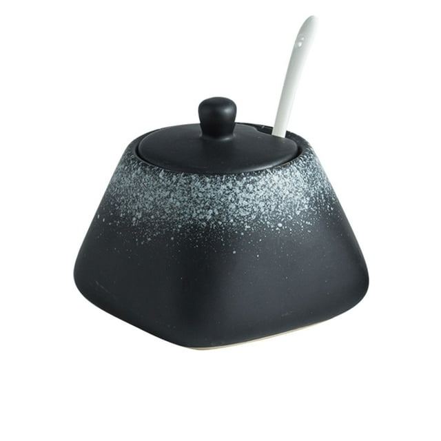 Solid Color Ceramic Sugar Bowl With Lid, 340ml/12oz Porcelain Sugar Pot With Spoon, Small Salt Pot, Storage Jar , For Coffee Bar, Restaurant-Black 2-340ml 12oz