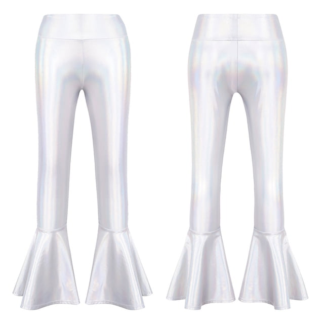 Alvivi Girls Boys Shiny Metallic Flared Pants Ruffle Bell Bottoms Dance Performance Leggings Trousers Colorful Silver 8