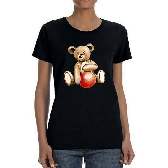 Teddy Bear Holding Red Ball Shaped T-Shirt Women -Image by Shutterstock, Female XX-Large