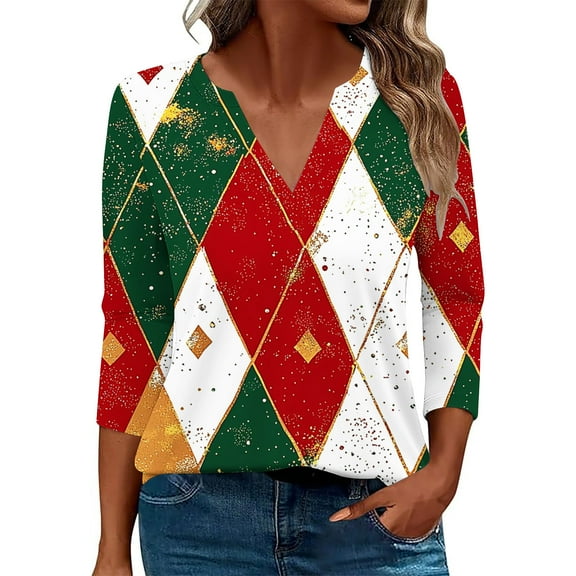 LiMoi Women's 3/4 Sleeve V Neck Christmas Tees Featuring a Festive Print Tshirts Tops Shirts Blouse My Items