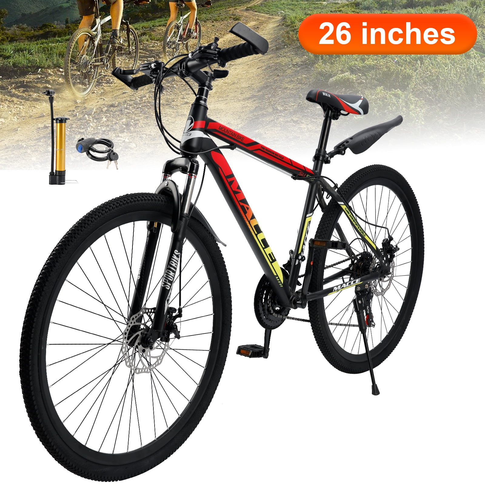 26" Spoke Wheel 24 Speed Mountain Bicycle Adult Bike MTB w/ fender Red & Yellow
