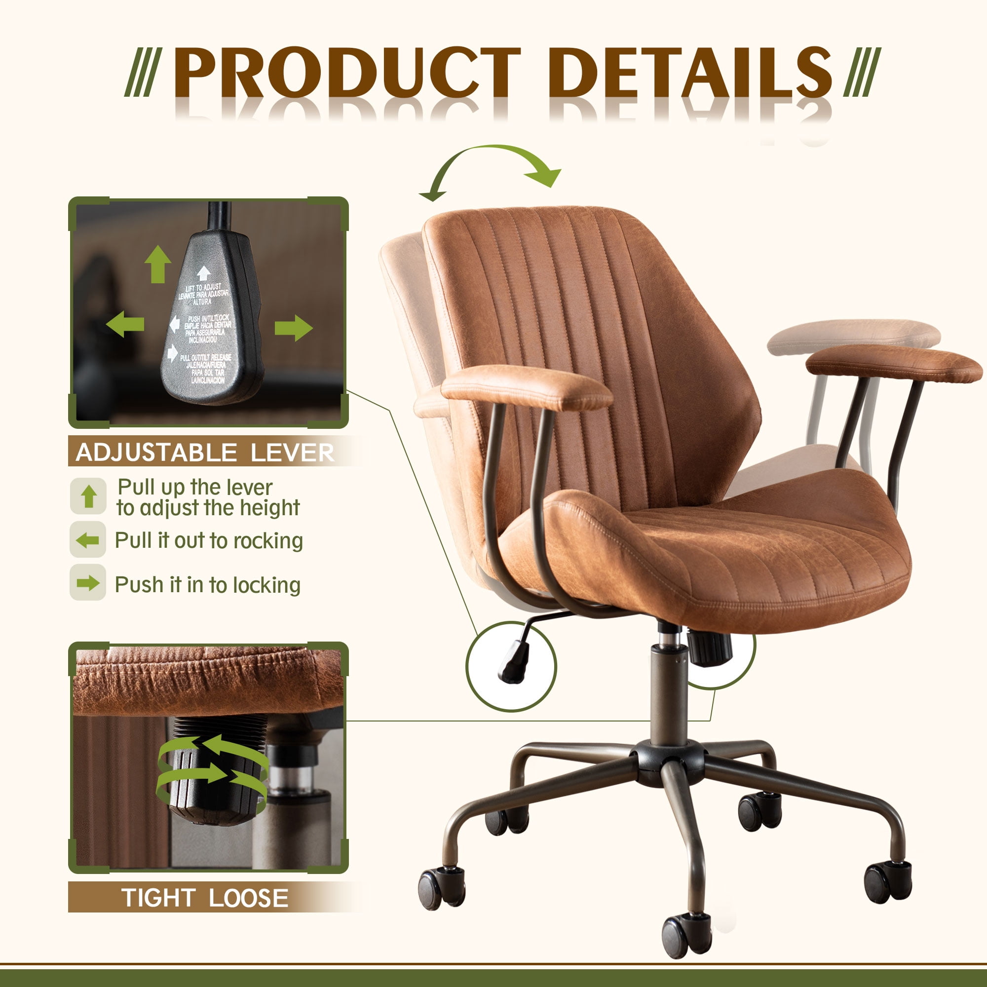 Toject Executive Desk Chair, Ergonomic Office Chair with Lumbar Support, Suede Leather, Brown