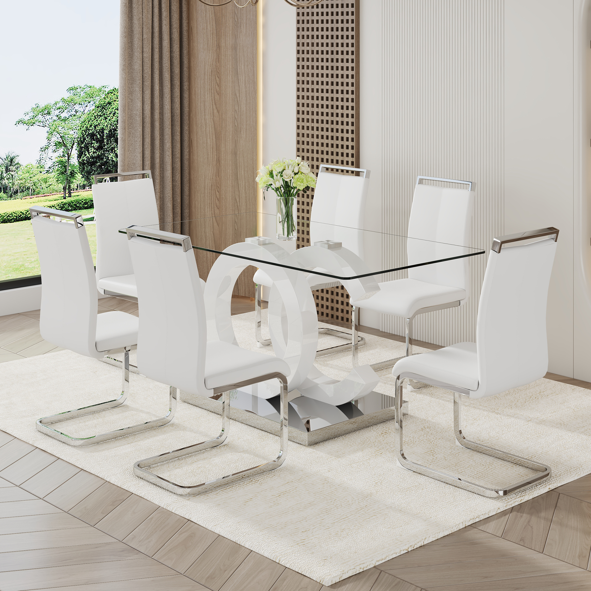 LUFTUT 7-Piece Glass Dining Table Set for 6, 63" Rectangular Tempered Glass Table with White OC-Shaped MDF Pedestal & Silver Base, 6 PU Leather Chrome Cantilever Chairs