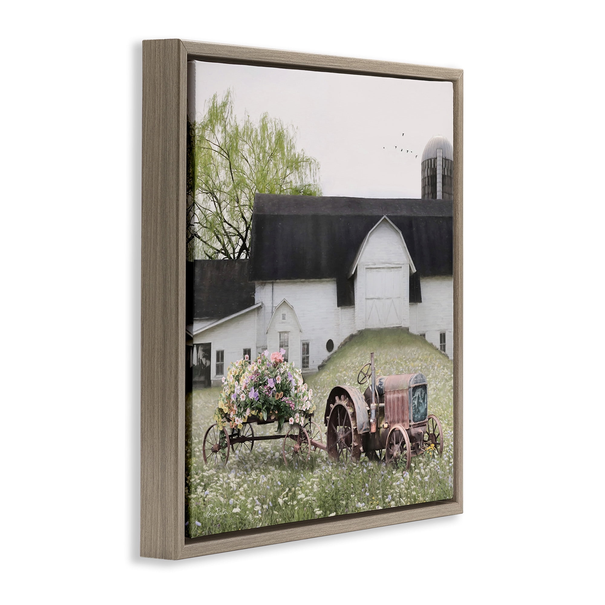 Stupell Industries Floral Tractor in Farmhouse Field Landscape Photography Brown Floater Framed Canvas Art Print Wall Art, 18 x 18