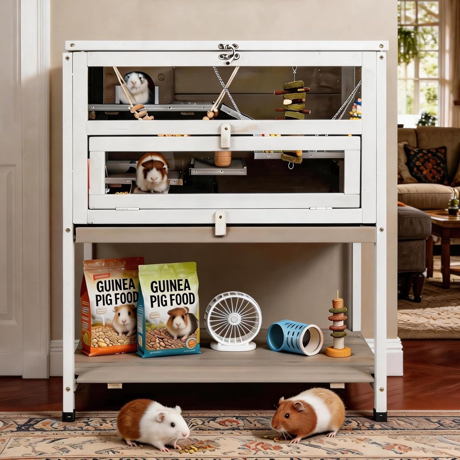 LEHOME Wooden Hamster Cage Indoor with Stand and Storage Shelf, 3-Tier Small Animal Habitat with Clear Front Window, Openable Top, Anti-Chew Ramps, Hideout House, Deep Pull-Out Tray Guinea Pig cage