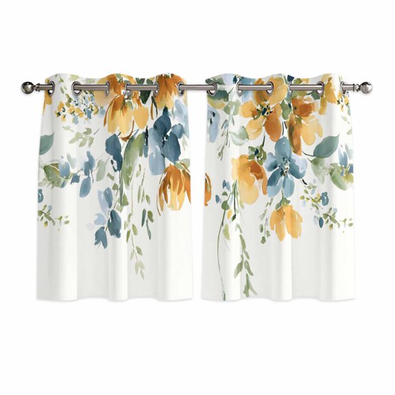 Blue Yellow Spring Floral Kitchen Curtains Window Panels, Watercolor Botanical Summer Insulated Window Treatment Curtain, Grommet Curtains for Bedroom/Living Room/Bathroom, 2 Piece 42"Wx54"L