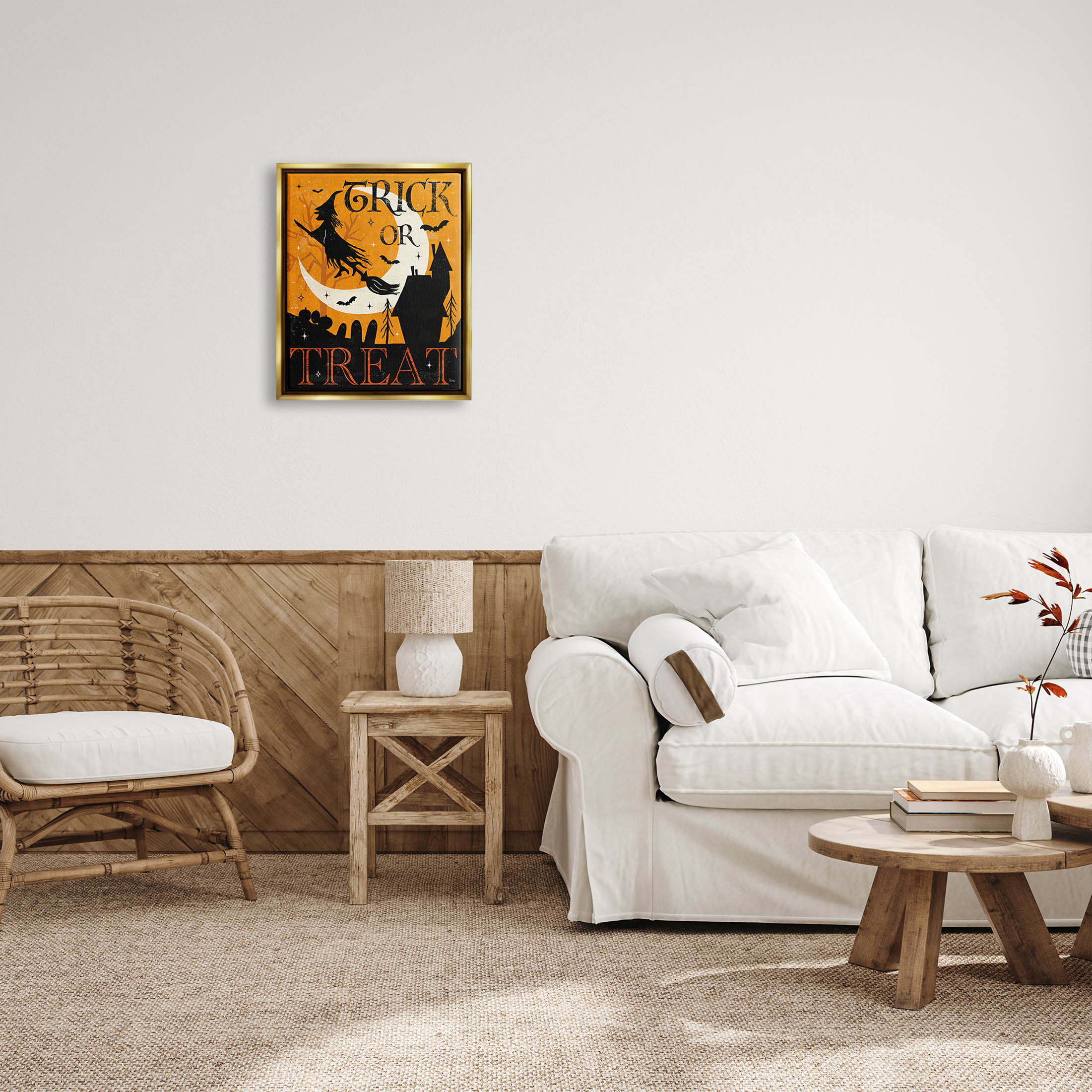 Stupell Industries Trick Or Treat Halloween Witch Graphic Art Metallic Gold Floating Framed Canvas Print Wall Art, Design by Veronique Charron