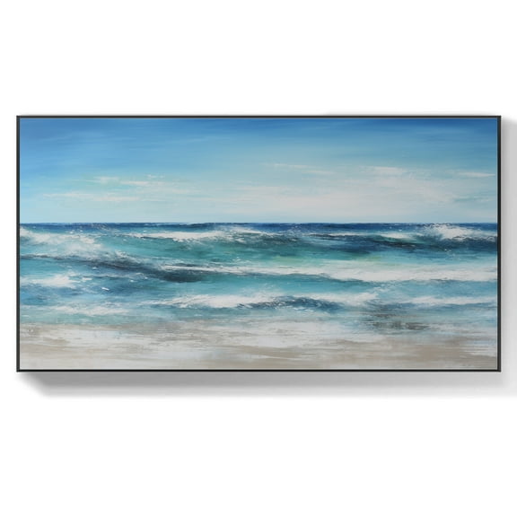 Blue Seascape Coastal Canvas Artwork Palette Knife Textured Wall Art Ocean Waves Scenery Canvas Wall Art Ocean and Sky Blue White Wall Art,Unstretched,Frameless,(41*61cm)16*32Inches
