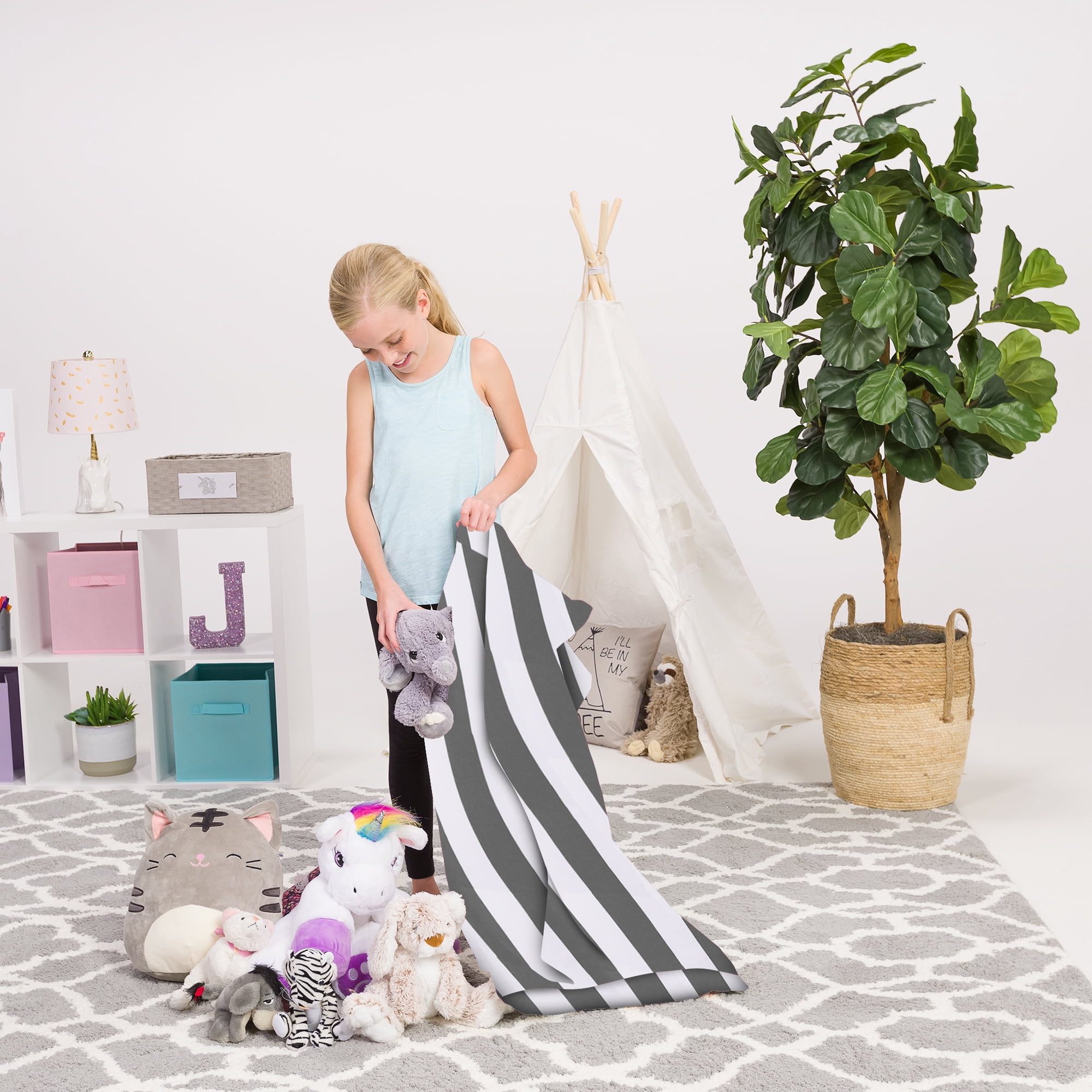 Posh Creations Bean Bag Stuffable Cover Only-Toy Organizer,Canvas,Kids, 3 ft,Gray Stripes