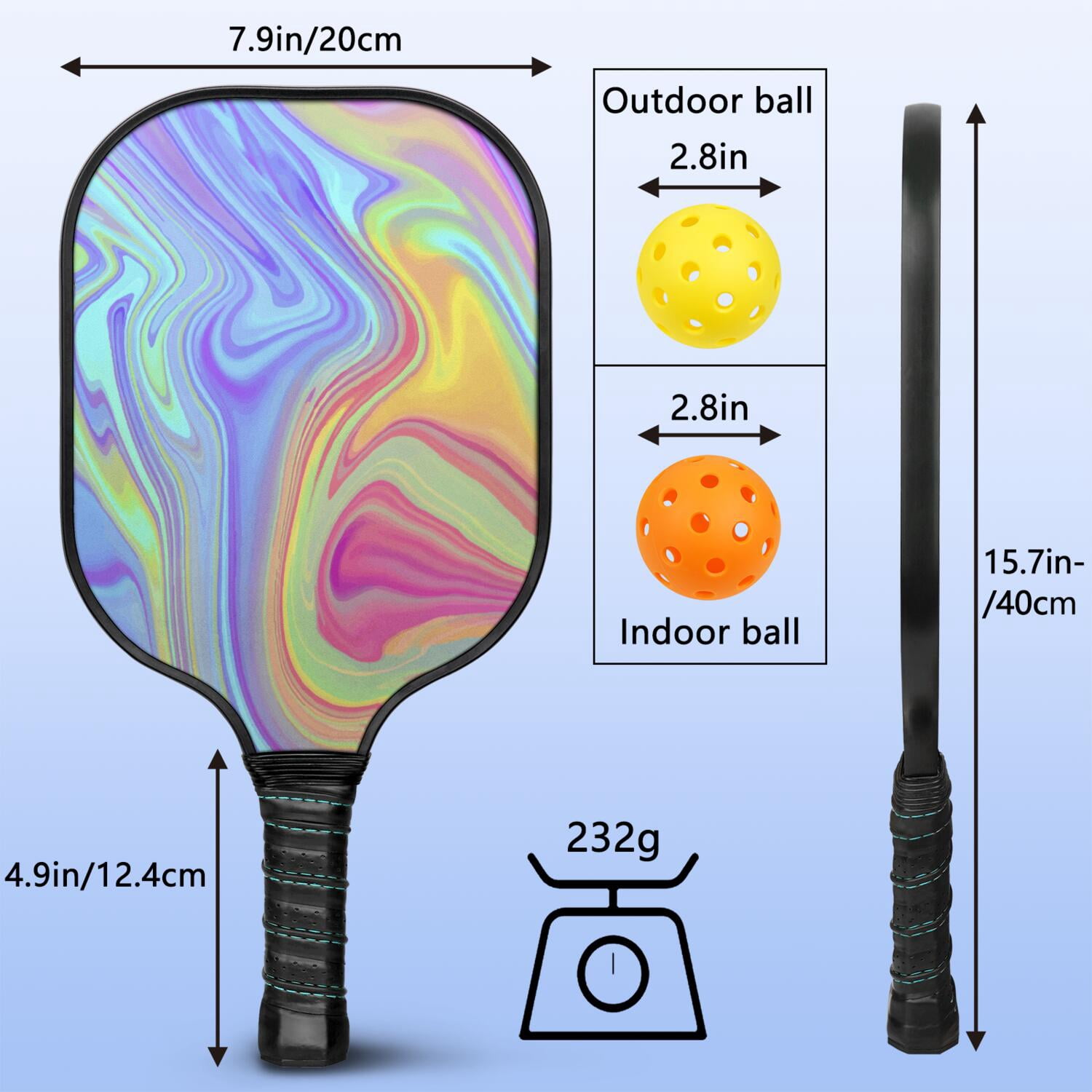 Pickleball Paddles Set Of 1, Fiberglass Surface, Liquid & Marble Print, 1 Paddles, 2 Balls & Bag