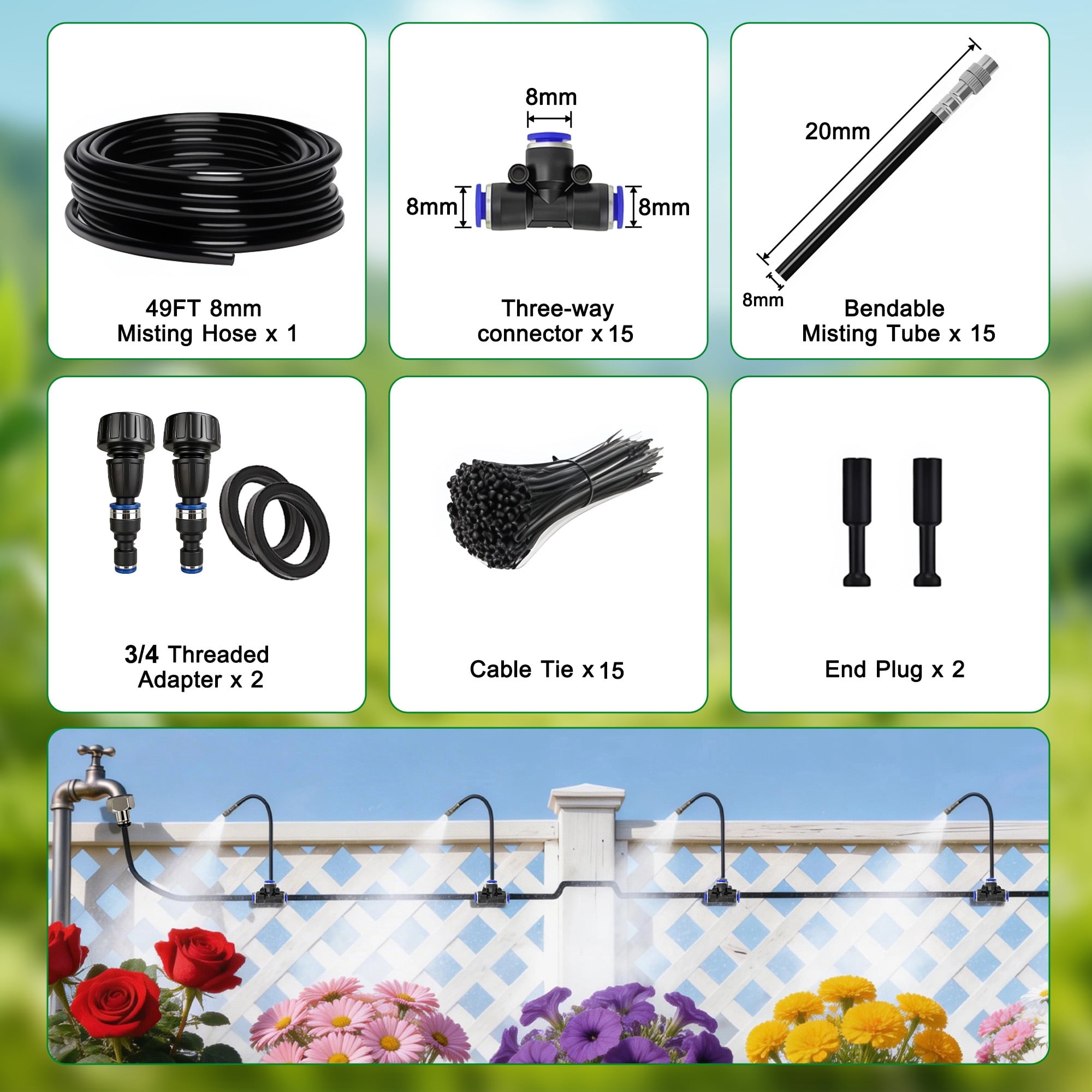 iToolMax 360° Adjustable Drip Irrigation System, 49FT Garden Watering System with 15 Nozzles, Water Sprinkler for Garden, Yard, Lawn, Greenhouse, Plants, Backyard Misting System