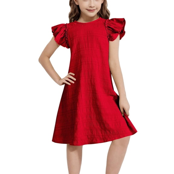 MEZZALL Girls Solid Color Flutter Sleeve Dress Casual Summer Soft Comfortable Party O-Neck Solid Color Vacation Dresses