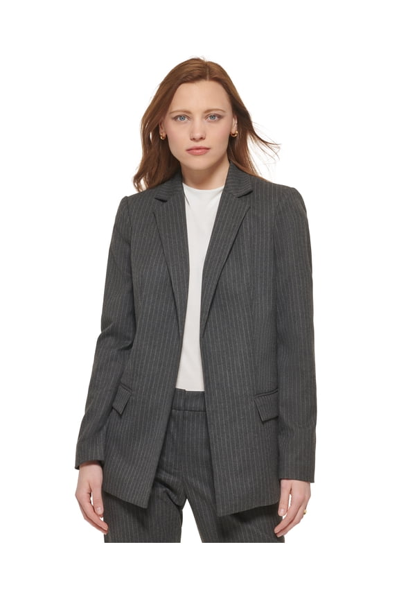 Women's Pinstripe Open Front Blazer Charcoal White 2