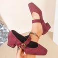 thumbnail image 6 of Womens Square Toe Mary Jane Block Heels, Low Chunky Heel Dress Pumps, Comfortable Shoes with Gold Buckle, Wine Red,Size 8.5, 6 of 9