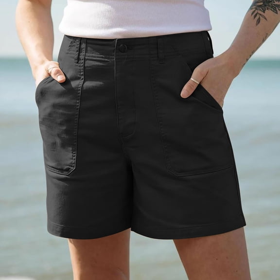 JUSLIO Womens Shorts,with Pockets High Waist Mid-Length Shorts,Twill Lightweight,Black,Size L
