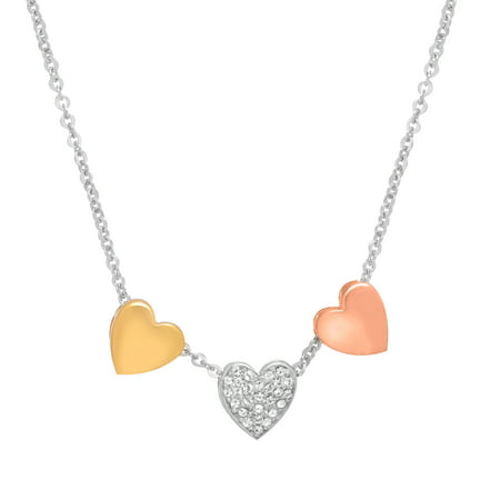 Sterling Silver and 14K Gold Plated 3 Heart Necklace with Crystal Accent, 17