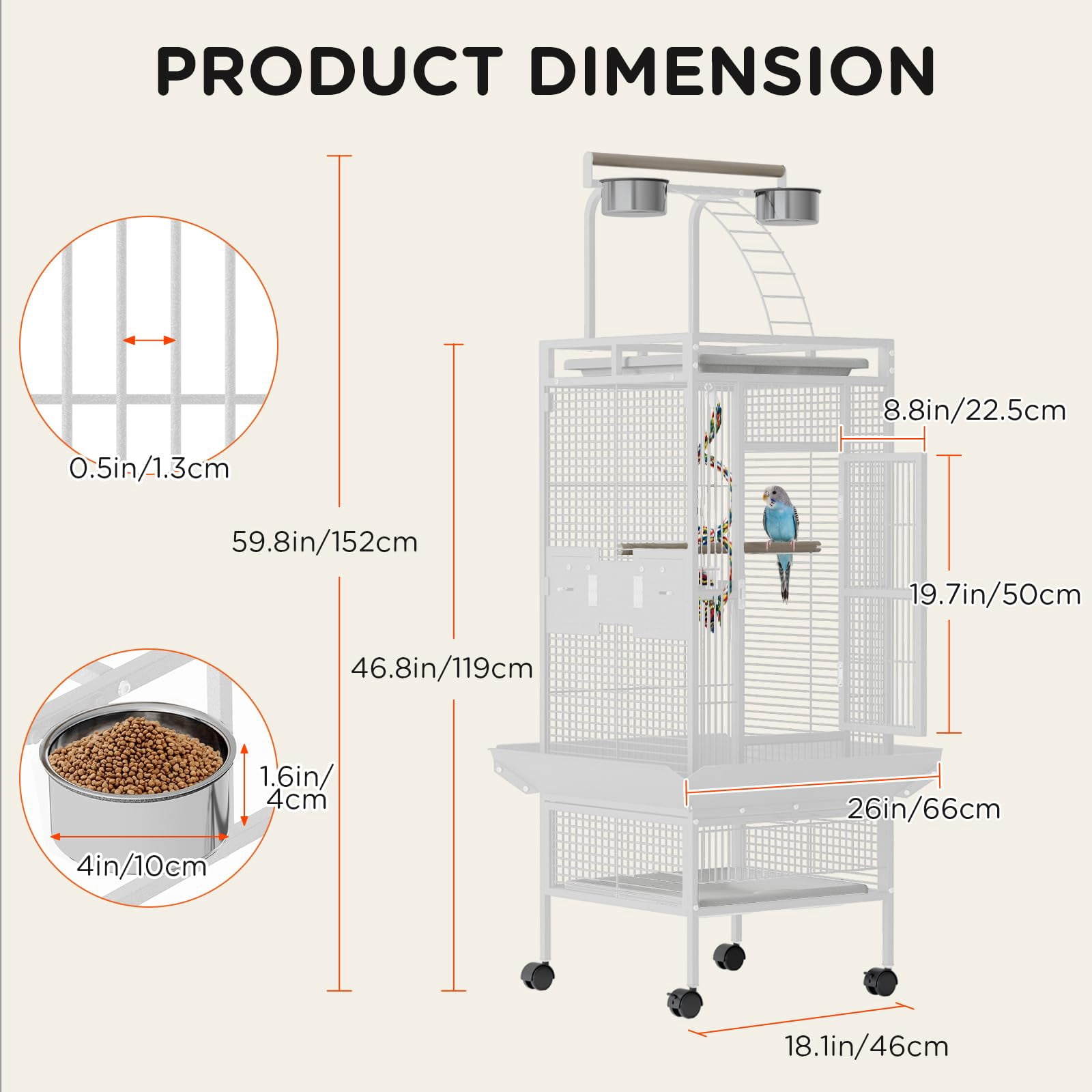 Large 60" Wrought Iron Bird Flight Cage with Rolling Stand & Play Top – Heavy Duty Parrot Cage with 4 Stainless Steel Bowls for African Grey, Cockatiel, Conure, Parakeet, White