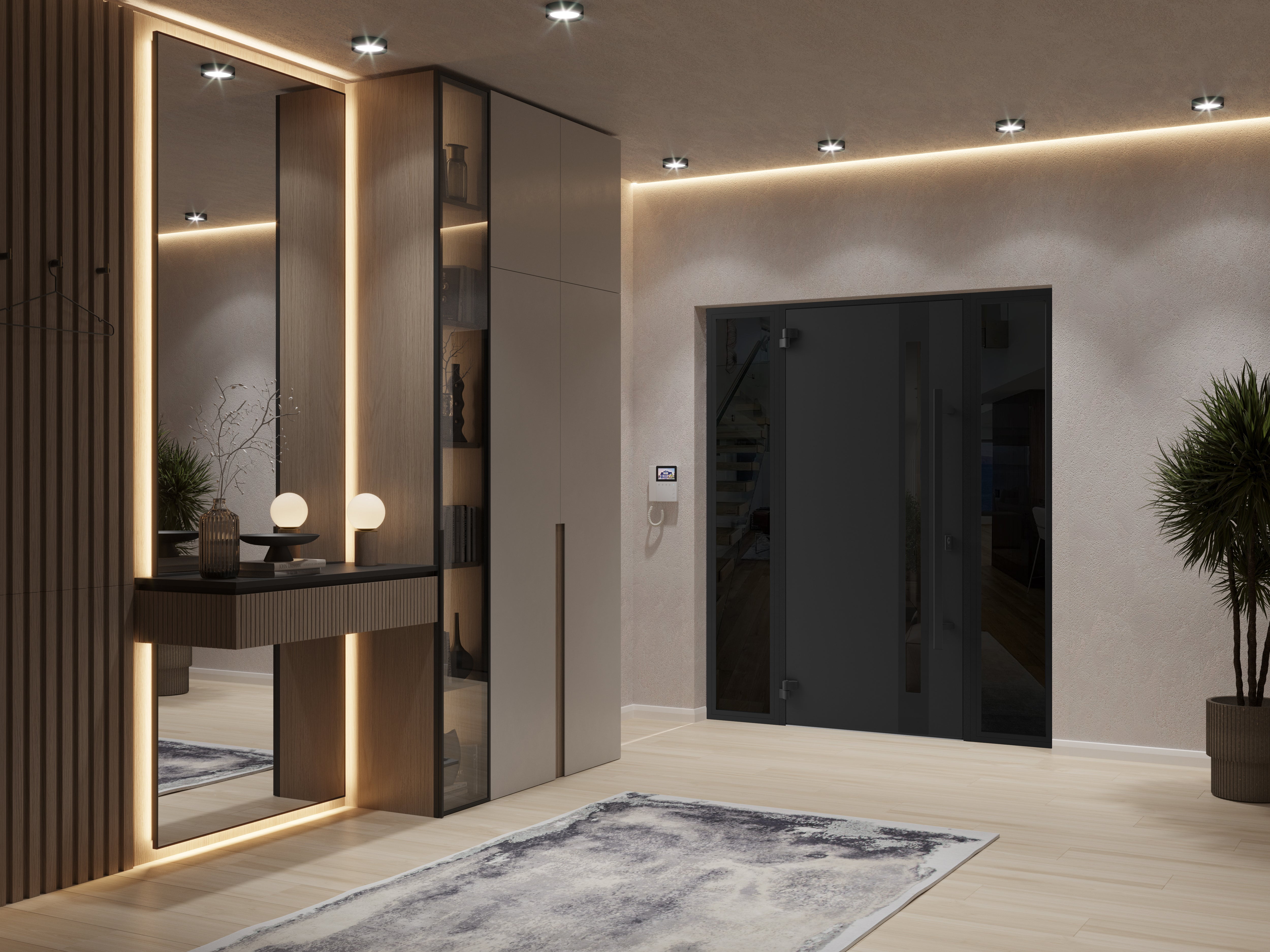 Front Exterior Prehung Steel Door / Ronex 1033 Teak / 2 Side Exterior Windows Sidelites/ Entry Metal Modern Painted W14+36+14" x H80" Right hand Inswing