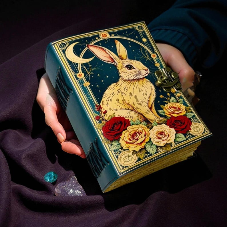 Handmade Leather Journal with Rabbit & Roses Artwork – 5x7 Inch Vintage Notebook, 200 Pages of Handmade Paper, Antique Latch – Writing, Sketching & Gift Diary