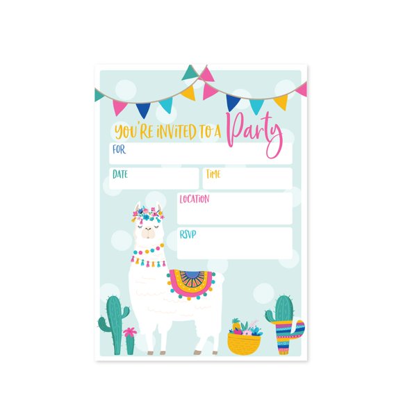 Canopy Street Llama Fill In Party AIS1 Invitation / 25 Llama Fiesta Birthday Invitations and Envelopes / 5" x 7" Flat Alpaca Invite/Llama Baby Shower Invitation/Made In The USA