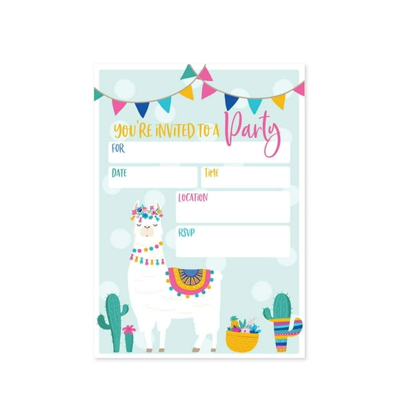 Canopy Street Llama Fill In Party AIS1 Invitation / 25 Llama Fiesta Birthday Invitations and Envelopes / 5" x 7" Flat Alpaca Invite/Llama Baby Shower Invitation/Made In The USA