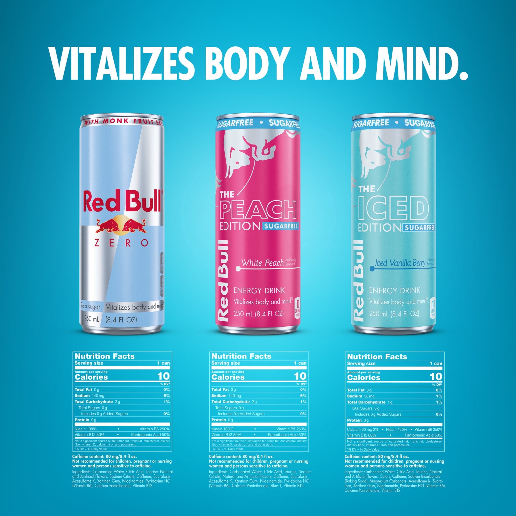 Red Bull Energy Drink SugarFree Variety Pack,  Zero,  Peach,  Iced Vanilla Berry