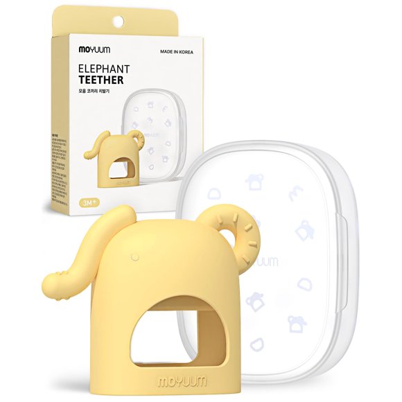 Mordedor para bebé MOYUUM con agarre de silicona, elefante, amarillo