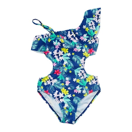 

AaSFJEG Girls Swimsuits Size Girl s Leaf Print Swimsuit Summer Chest Ruffled Edge Suspender Waist Back Hollowed out Toddler Swimsuit Girl Blue 10