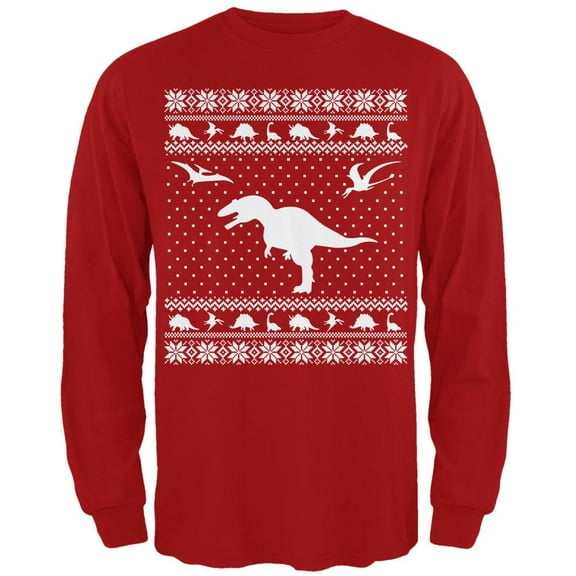 Dinosaurs Ugly XMAS Sweater Red Adult Long Sleeve T-Shirt - Large