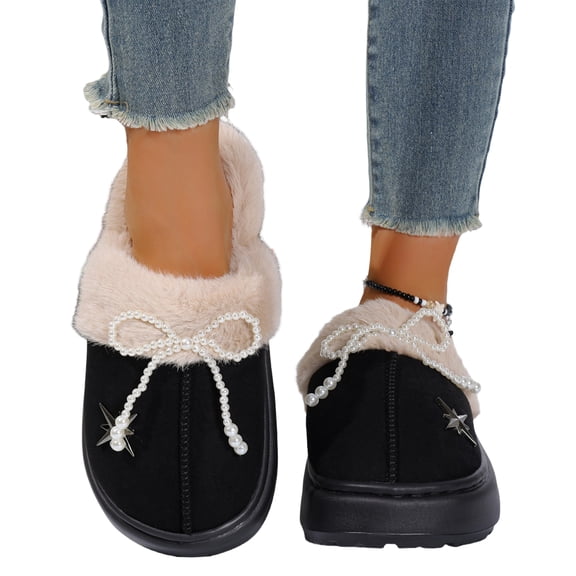 EKVAHL Orthopedic Winter House Slippers for Women, Fleece Lined Suede Closed Toe Slip On Shoes, Indoor Outdoor Warm Slippers Black