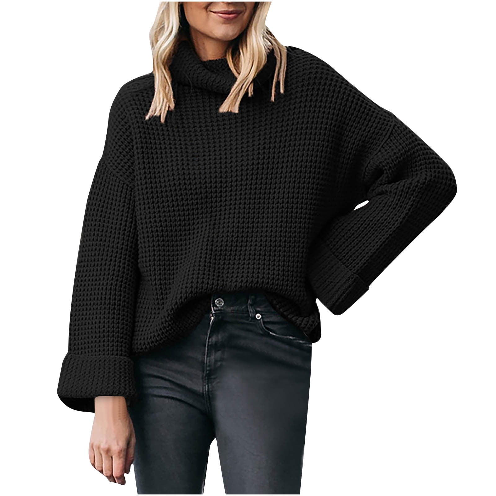 Zodggu High Collar Cowl Neck Short Sweaters for Women Loose Casual Womens  Autumn Winter Fashion Solid Color Long Sleeve Lantern Sleeve Fashion Ladies  Sweaters Tops Female Leisure Black XL 