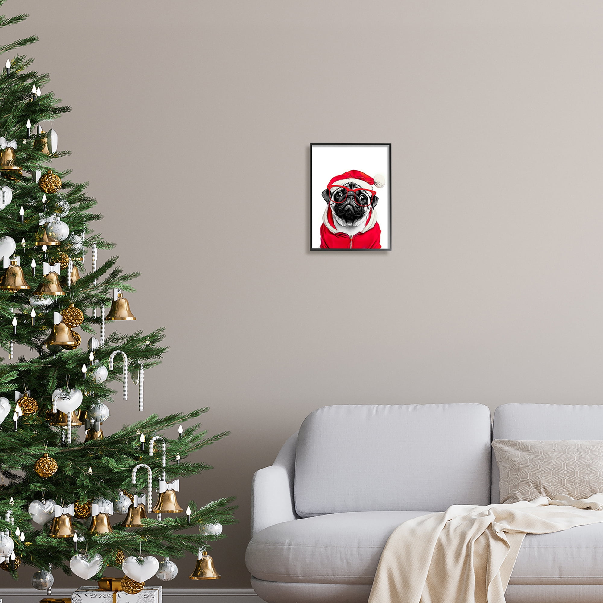 Stupell Industries Pug in Santa Hat Holiday Painting Black Framed Art Print Wall Art, 11 x 14