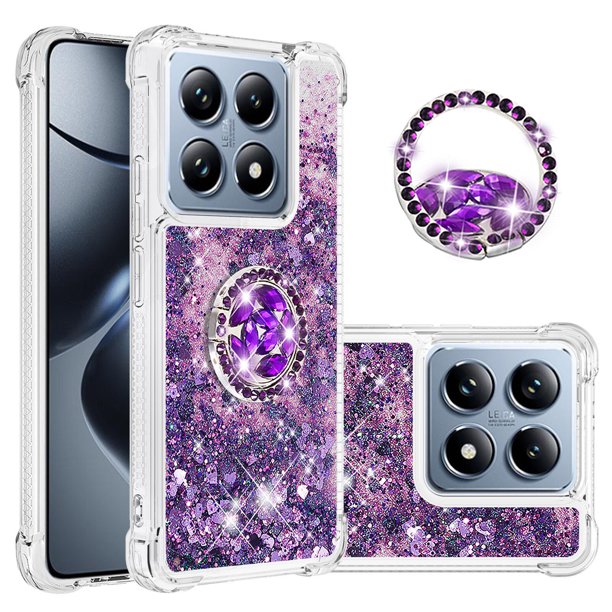 Funda para Xiaomi 14T 5G con Brillo Líquido Flotante, Purpurina, Parachoques y Anillo Giratorio Soporte