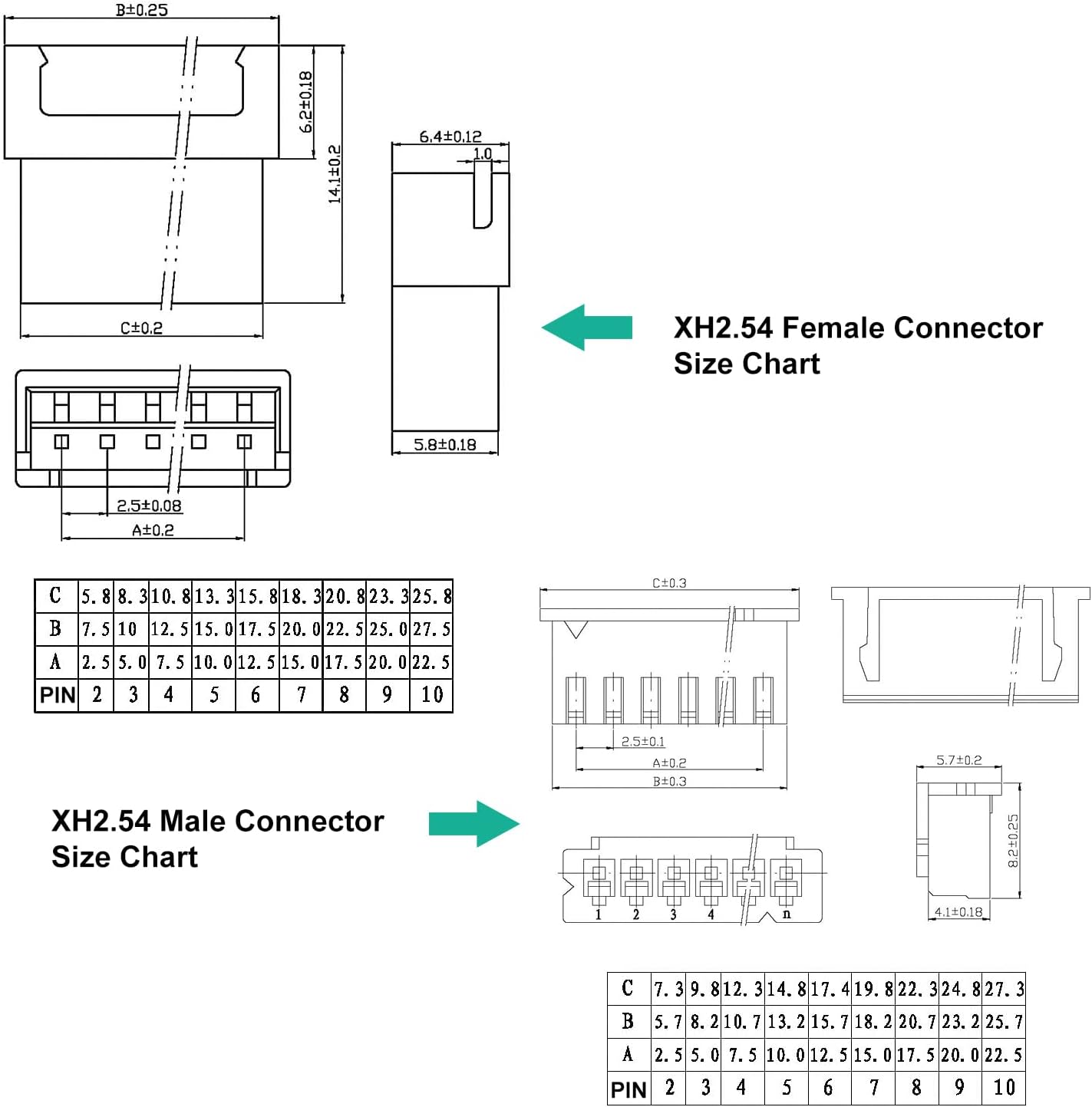Keszoox JST XH 2.5mm Male Female Cable Connector Kit 22AWG Premium Pre-Crimped Cables