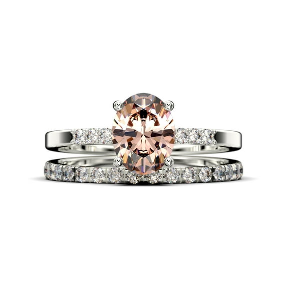 Beautiful Unique Art Deco 2.00 Carat Oval Cut Morganite And Diamond Moissanite Engagement Ring, Wedding Ring, One Matching Band in 925 Sterling Silver With 18k White Gold Plating Gift For Her