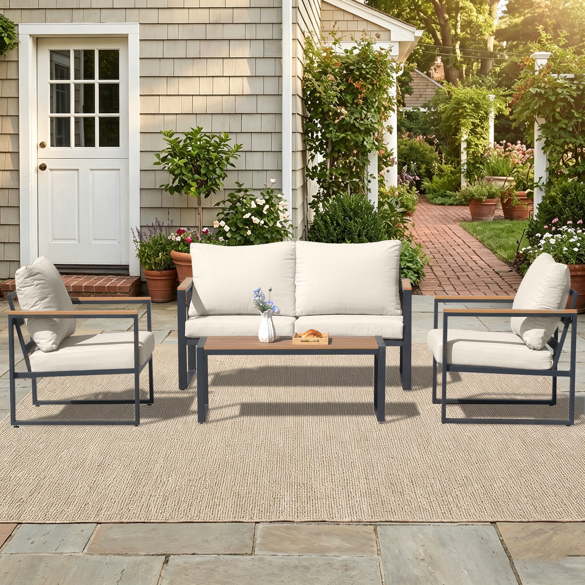 COMLAX FIELD 4-Piece Patio Furniture Set, Metal Outdoor Conversation Set with Coffee Table & Removable Cushions