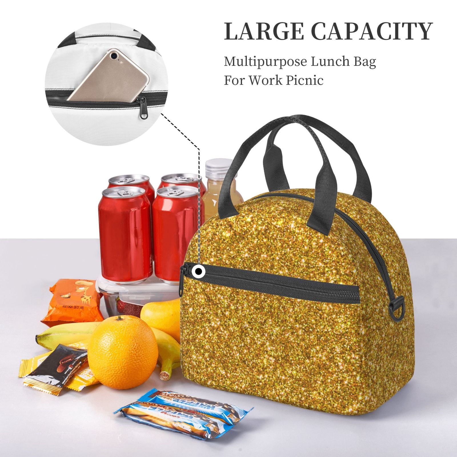 Naloa Gold Glitter Print Lunch Bag for Women & Men Insulated Lunch Box or Cooler Lunch Tote Bags for Work, Travel, Outdoor