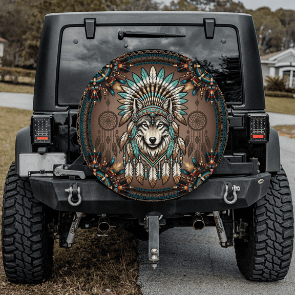 Lotusprinthandmade Proud Wolf Native America Spare Tire Cover Without Backup Camera Hole 6 Sizes (27 in.)