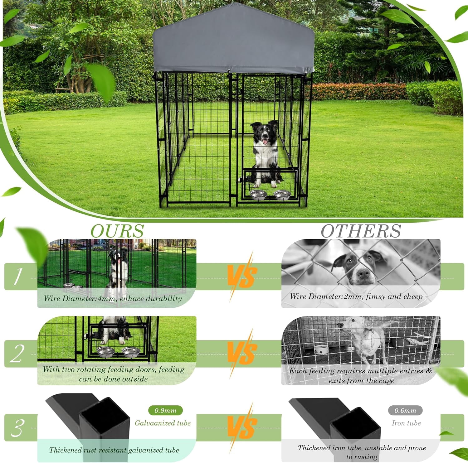 Haverchair 8x4x6 FT Outdoor Dog Kennel with Roof, Heavy Duty Dog Cage for Large Dogs, Outside Dog Enclosure with 2 Rotating Dog Bowls, Welded Wire Steel Dog Run Playpen Fence with Secure Lock