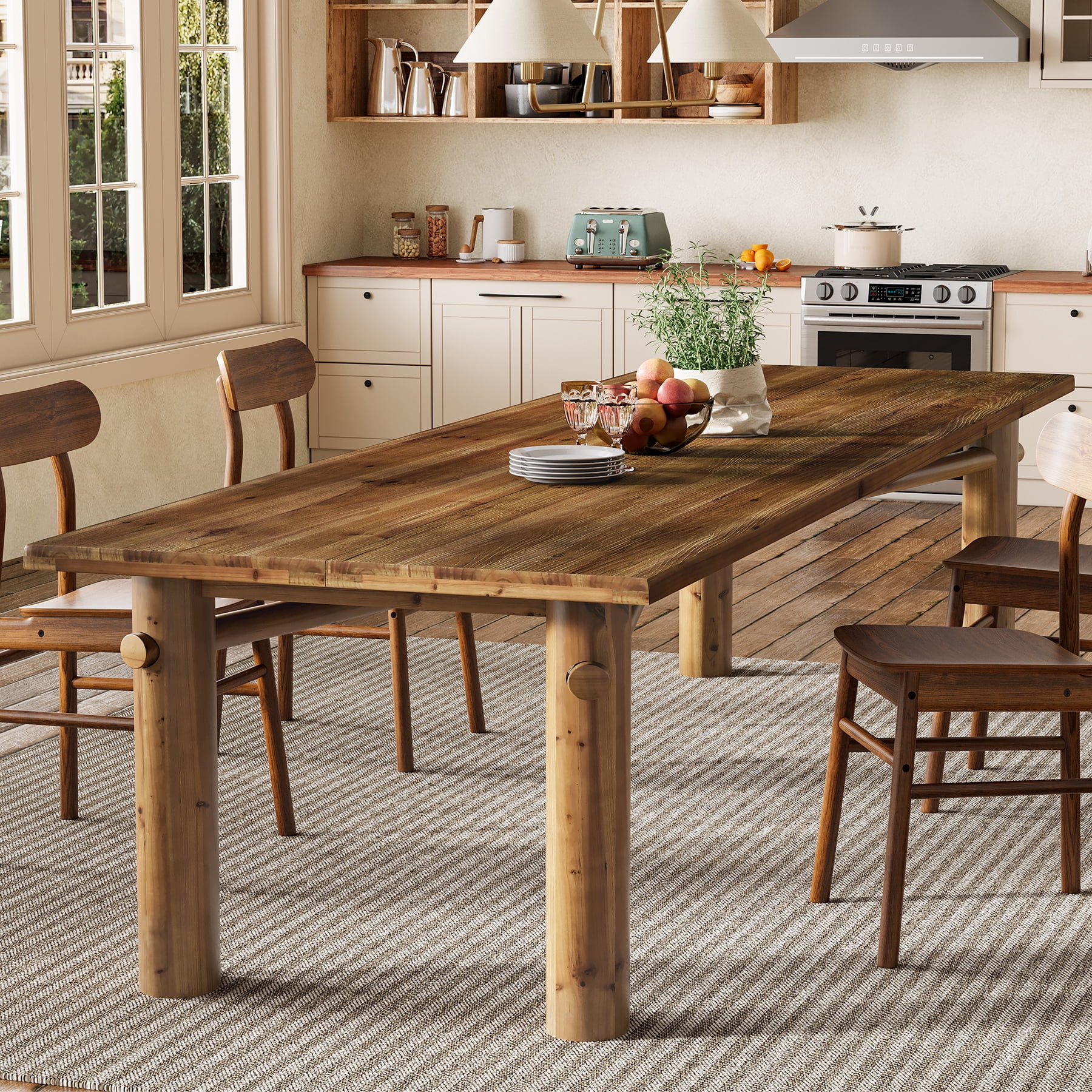 Finmind Solid Wood Dining Table for 6, 63-Inch Farmhouse Wood Kitchen Table with Strong Legs for Dining Room, Living Room, Brown