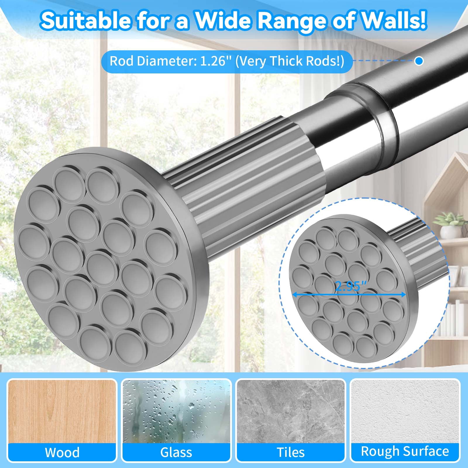 Ktinnead Tension Curtain Rod 51-128in, Extra Long Curtain Rod No Drilling for Window or Bathroom Patio, Adjustable Spring Shower Curtain Rod, Easy to Install Never Rust, Rod Diameter 1.26in-Silver